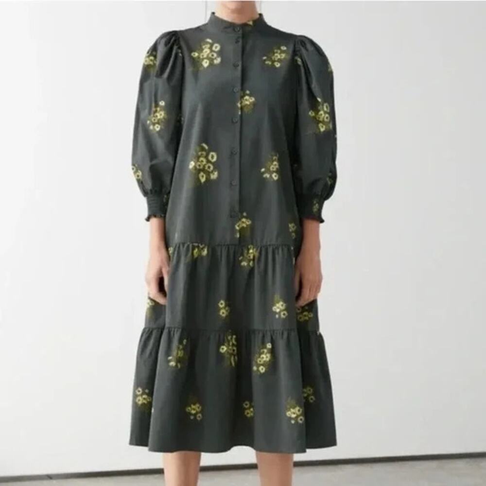 & Other Stories Wide Tiered Puff Sleeve Midi Dress Floral Yellow Womens 4 Grey